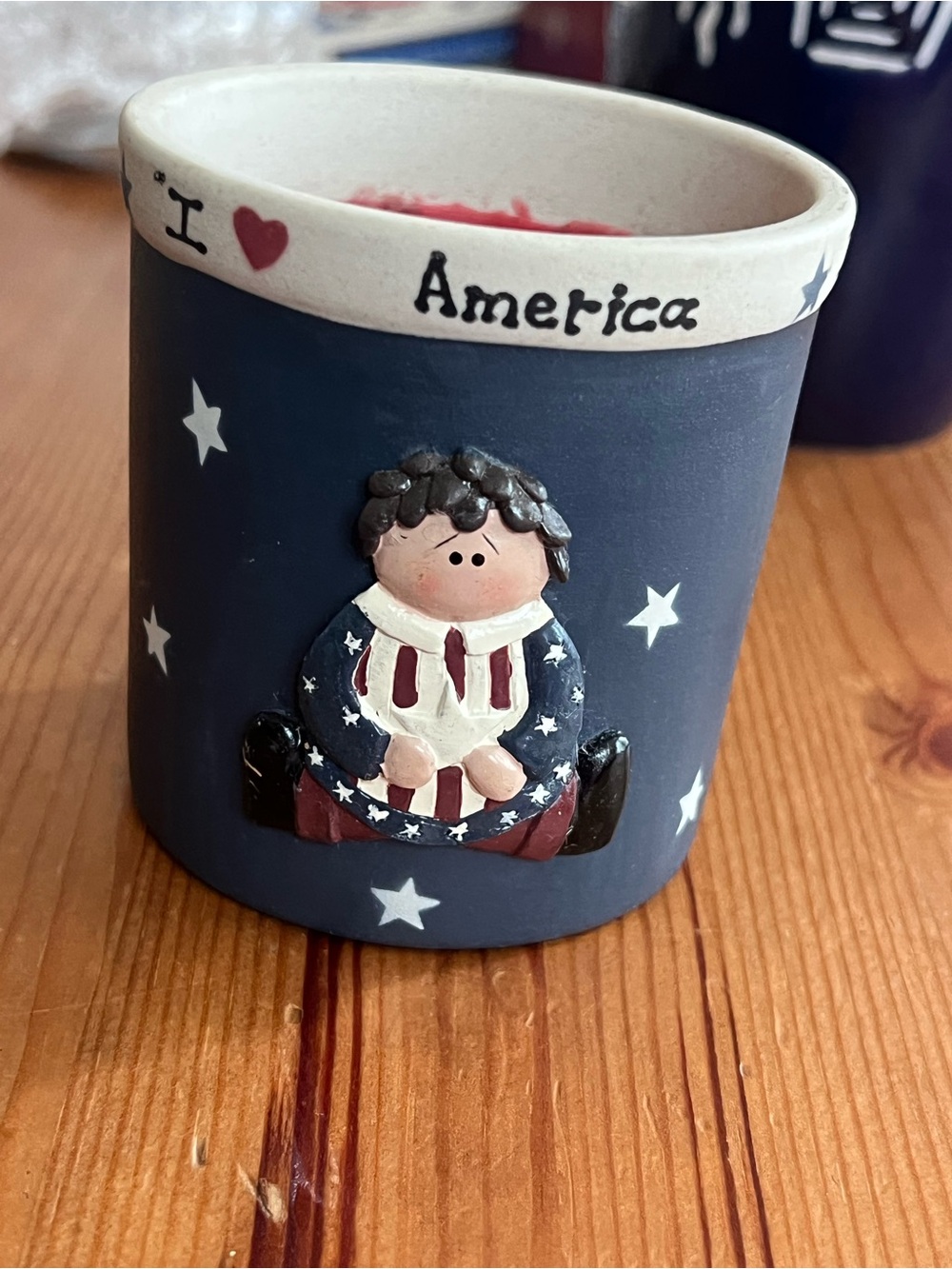 Patriotic Navy Ceramic Candle Cup — "I ♥ America"